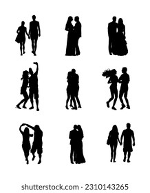 Couple in love vector silhouette illustration isolated. Woman and man dance hold hands. Girl boy dancing. Wedding couple bride and groom kissing shape. Family people closeness. Male and female emotion