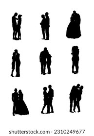 Couple in love vector silhouette illustration isolated. Woman and man dance hold hands. Girl boy dancing. Wedding couple bride and groom kissing shape. Family people closeness. Male and female emotion