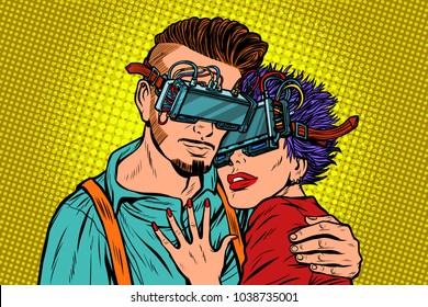 couple in love with virtual reality glasses. Pop art retro vector illustration comic cartoon vintage kitsch