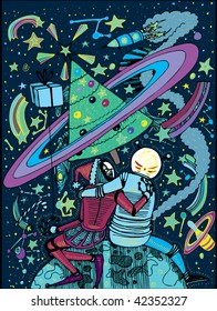 Couple in Love, Waiting New Year (hand drawn vector)