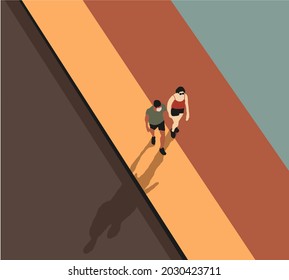 Couple in love walk on a bridge across a small river. Outdoor relaxing romantic. Summer evening in the park. Vector illustration in flat style.