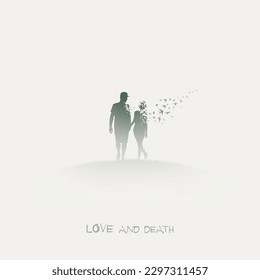 Couple in love walking. Afterlife. Flying birds. Isolated silhouette