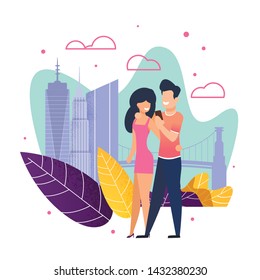 Couple in Love Walking Along City Street Flat Cartoon. Married Man and Woman Hugging and Taking Selfie. Honeymoon and Travel. Summer Vacation and Recreation. Happy Life Moments. Vector Illustration