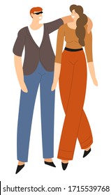 Couple in love walking and cuddling each other. Isolated man and woman strolling together, people having romance, married personages. Boyfriend and girlfriend embracing, vector in flat style