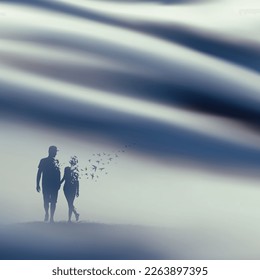 Couple in love walking. Death, afterlife. Flying bird in foggy clouds