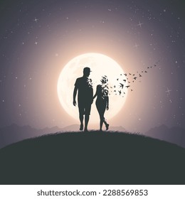 Couple in love walking. Death and afterlife. Flying birds, full moon