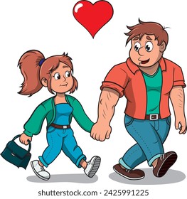 Couple in love walking hand in hand, cartoon style vector illustration.