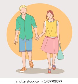 Couple in Love Walking Hand in Hand Holding Hand Together hand drawn style vector doodle design illustrations.