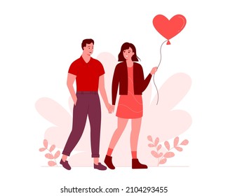 Couple in love walking with heart shaped balloon. Young man and woman celebrating Saint Valentine's Day. Couple holding hands and spending time together.  Vector illustration isolated on white