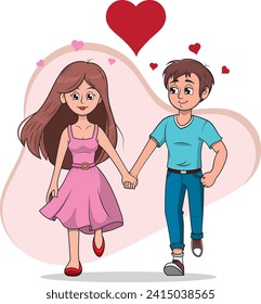 Couple in love walking holding hands, cartoon style vector illustration without background.