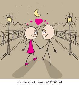 Couple love walking light of lanterns in park. Vector cartoon illustration