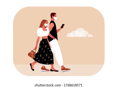 Couple in love walking. Man and woman in fashionable clothes together in masks. Date, relationships, engagement vector illustration in flat style.