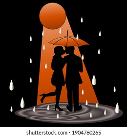 couple in love walking at night in the rain with an umbralla
