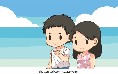 A couple in love is walking on the beach under clear sky blue. A lover is traveling together and has a happy moment. Honeymoon trip in the tropical island, Cartoon character vector Illustration.