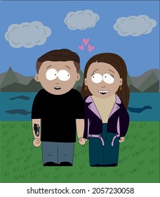 Couple in love walking in the park.