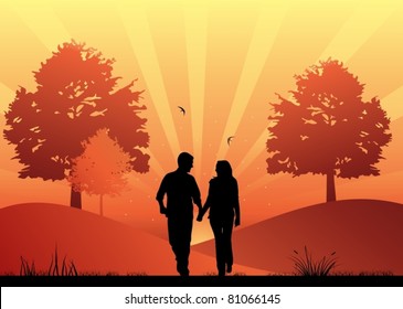 Couple in love walking in the park