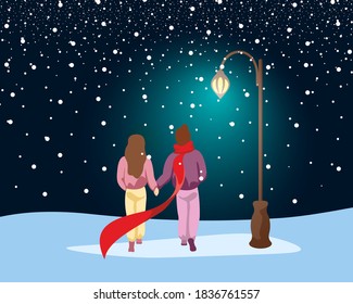 Couple in love walking in park under snow along path lit by street lantern. Male and female winter outdoors romantic evening under glowing lamp post. Human relationship concept vector eps illustration