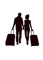 Couple In Love Walking With Suitcases On Wheels In Airport.Vector Man Woman Illustration Silhouette Holding Hands. Journey. Rest.Vacation.Travel. Traveling People With Luggage.Male Female Stencil. DIY