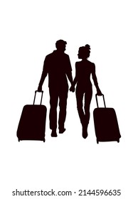 Couple in love walking with suitcases on wheels in airport.Vector man woman illustration silhouette holding hands. Journey. Rest.Vacation.Travel. Traveling people with luggage.Male female stencil. DIY