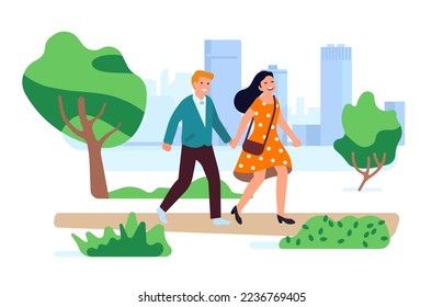 Couple in love walking together. Girlfriend and boyfriend date in city park. Romantic meeting. Happy man and woman holding hands. Lovers stroll in nature. Outdoor leisure