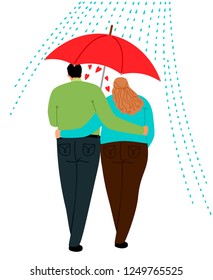 Couple in love walking under one umbrella, vector illustration