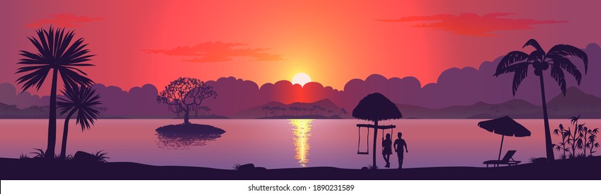 A couple in love walks along the beach. Red sunset. Stock vector illustration. Panoramic Beach Wallpaper. eps 10 vector 