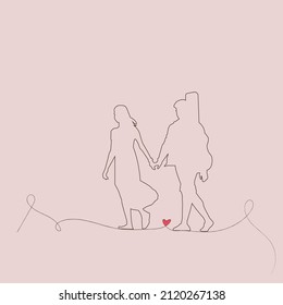 A couple in love walks along a path. Lineart for Valentine's Day. The guy holds his beloved's hand.