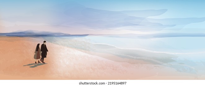 A couple in love walks holding hands along the beach. Autumn view. Couple in coats. Panoramic Beach illustration. Minimal vector background,suitable for banners, booklets, web, brochures, flyers.