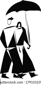 a couple in love walks in the park, under an umbrella. A man hugs a woman. The concept of love and family values. A black and white stylized illustration, vector.