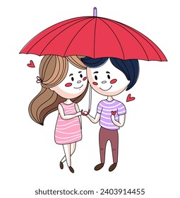 A couple in love walks under an umbrella. Look at each other and walk. Romantic date for lovers. Color vector. Images produced without the use of any form of AI software at any stage. 