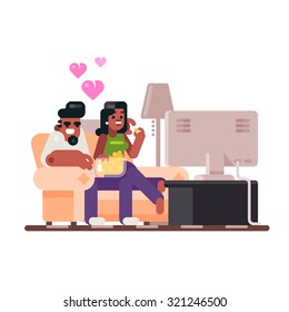 A couple in love watching television and eat popcorn. Vector flat illustration.