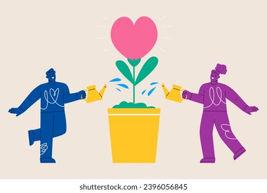 Couple in love watering plant of love. Colorful vector illustration
