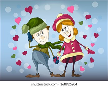 Couple in love wearing bright winter clothes holding hands among hearts and snowflakes on blue background
