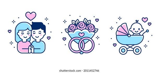 Pareja enamorada, boda y bebé recién nacido. Nuevo conjunto de iconos de dibujos animados sobre etapas de la vida familiar. Ilustración de imágenes de clip vectorial simple y simple.