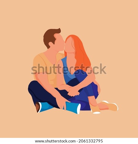 Couple in love white background. Man and a woman are sitting in an embrace. Modern design vector illustration. Romantic background. Happy family leisure. Family day.