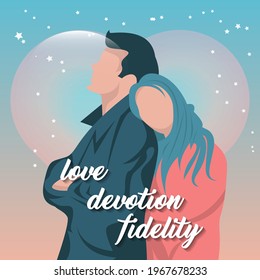couple in love. white inscription "love, devotion, fidelity", a woman clung to a man against the background of an abstract image of the heart and the starry sky. vector 