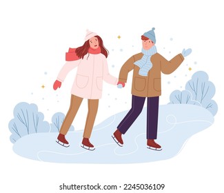 Una pareja enamorada de ropa de invierno patinan. Simple ilustración de mano.