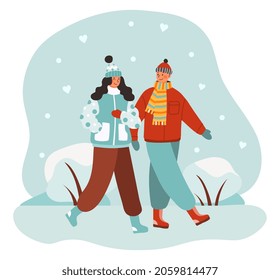 Couple in love in winter. Guy and girl walking under snow. New year, christmas, date. Romantic relationships between people, walking. Cartoon flat vector illustration isolated on white background