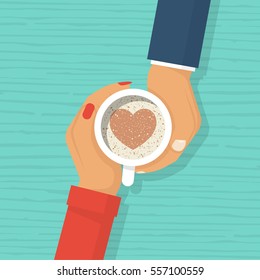 Couple in love women and man holding cup coffee with chocolate heart shape symbol. Happy Valentine's Day. Vector illustration flat design. Template for greeting card. Isolated on wooden background.