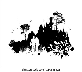 Couple in love in the world of fantasy black and white