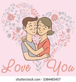 
Couple love you hug vector illustration heart hand drawing flowers spring