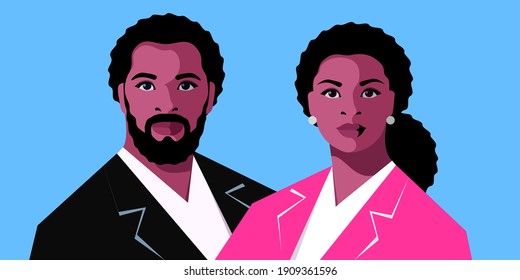 Couple in love, young Africans, double portrait, full face. Bearded man and woman with long curly hair. Vector illustration