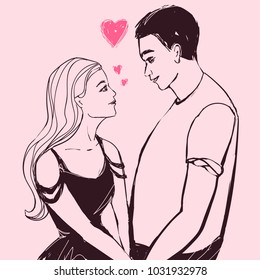 Couple in love, young beautiful blonde woman and man holding hands and looking at each other. Vector romantic Valentine's day illustration.