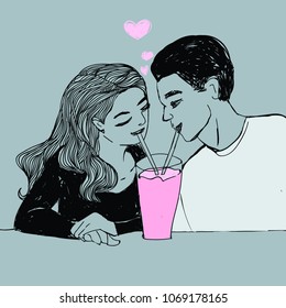 Couple in love, young beautiful blonde woman and man drinking pink color milkshake on a date. Vector romantic Valentine's day pop art style illustration.