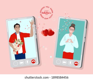 Couple in love, young man with flowers, woman dating online during coronavirus pandemic quarantine. Sending you warm hugs and kisses, quote. Happy Valentines Day at 14 February greeting vector poster