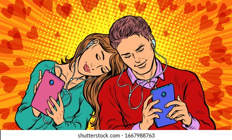 A couple in love, a young man and a girl are chatting on social networks by phone. Pop art retro vector illustration 50s 60s style