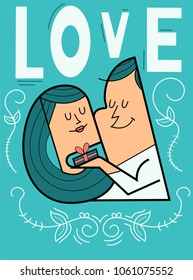 couple in love, young man giving gift to his sweetheart, vector illustration