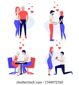 Couple In Love. Young man and woman during date, romantic, holding hands, hugging. Love and feelings. Human characters on white background. Color vector illustration