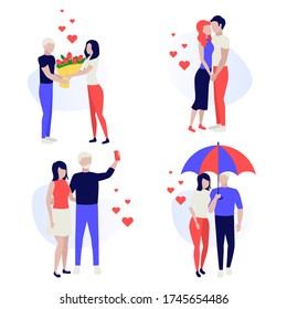 Couple In Love. Young man and woman during date, romantic, holding hands, hugging. Love and feelings. Human characters on white background. Color vector illustration