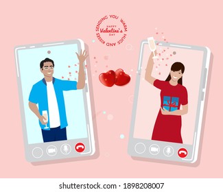 Couple in love, young man and woman dating online during coronavirus pandemic quarantine. Sending you warm hugs and kisses, quote. Happy St. Valentines Day at 14 February greeting vector card, banner
